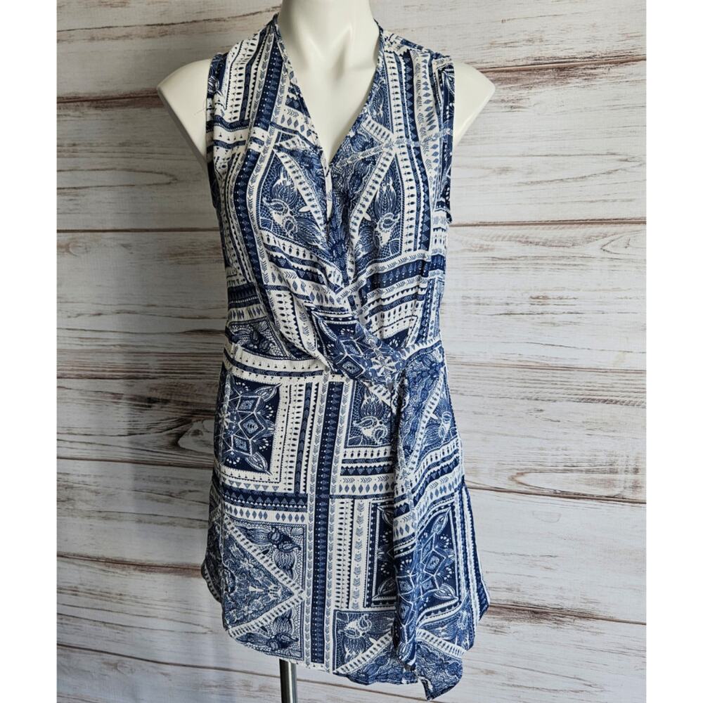 Funky Soul Blue and White Print Surplice Dress sz Small